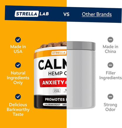 Advanced Calming Chews for Dogs - Hemp Chews and Melatonin - Anxiety Relief - Sleep Aid - Relaxing Treats - Stress Relief During Fireworks, Storms, Thunder, Barking - Made in USA - BBQ - 60ct