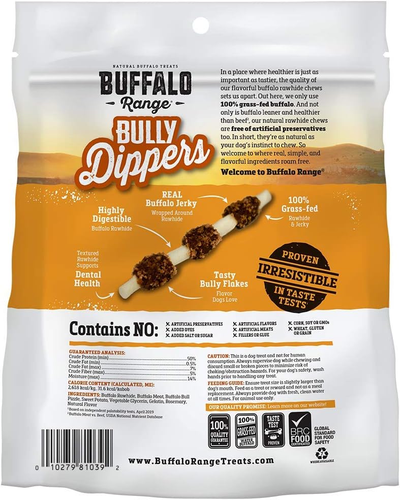 Buffalo Range Rawhide Dog Treats, Grass-Fed Buffalo Jerky Raw Hide Chews, Jerky Kabob with Bullypiece, Hickory Smoked Flavor, Pet Supplies, Real Meat Dog Treat, Premium Dog Snacks, 12 Count