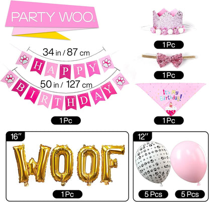 PartyWoo Pink Dog Birthday Supplies Kit 15pcs Balloons Puppy Bandana Hat Banner for Small Medium Girl Puppy Dogs Pet Photo Booth Backdrop Celebration Party Decorations Favors