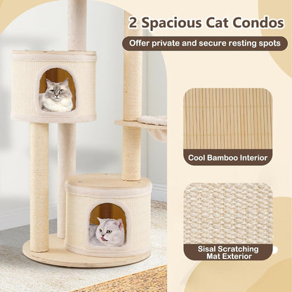 PETSITE 60 Inches Wooden Cat Tree, Multi-Level Modern Cat Tower with Sisal Scratching Posts, Double Condos, Padded Cozy Top Perch, Multiple Jumping Platforms, and Hanging Ball, Ideal for Indoor Cats