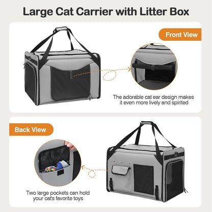 24"x17"x16" Extra Large cat Condo Enclosure with Litter Box, Collapsible Large Cat Travel Carrier for Car, Soft-Sided Expandable Large Cat Enclosures for Cats Under 30 lbs
