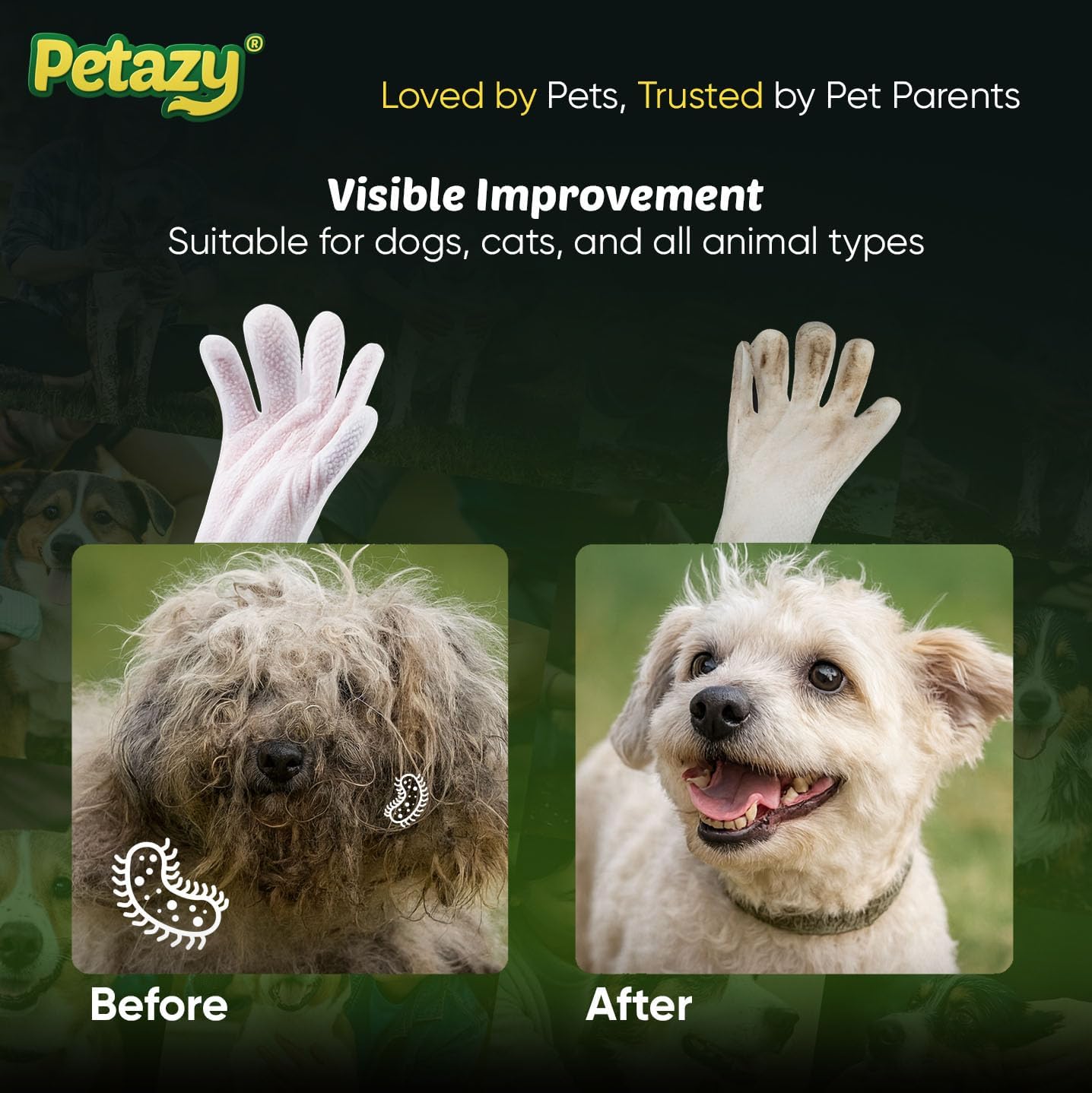 Pet Glove Wipes for Dogs & Cats – 50 Pack | Hypoallergenic, No Rinse, Extra Thick Cleaning Gloves with Aloe & Coconut Oil | Paws, Face, Ears & Butt | Travel Friendly, Gentle & Safe