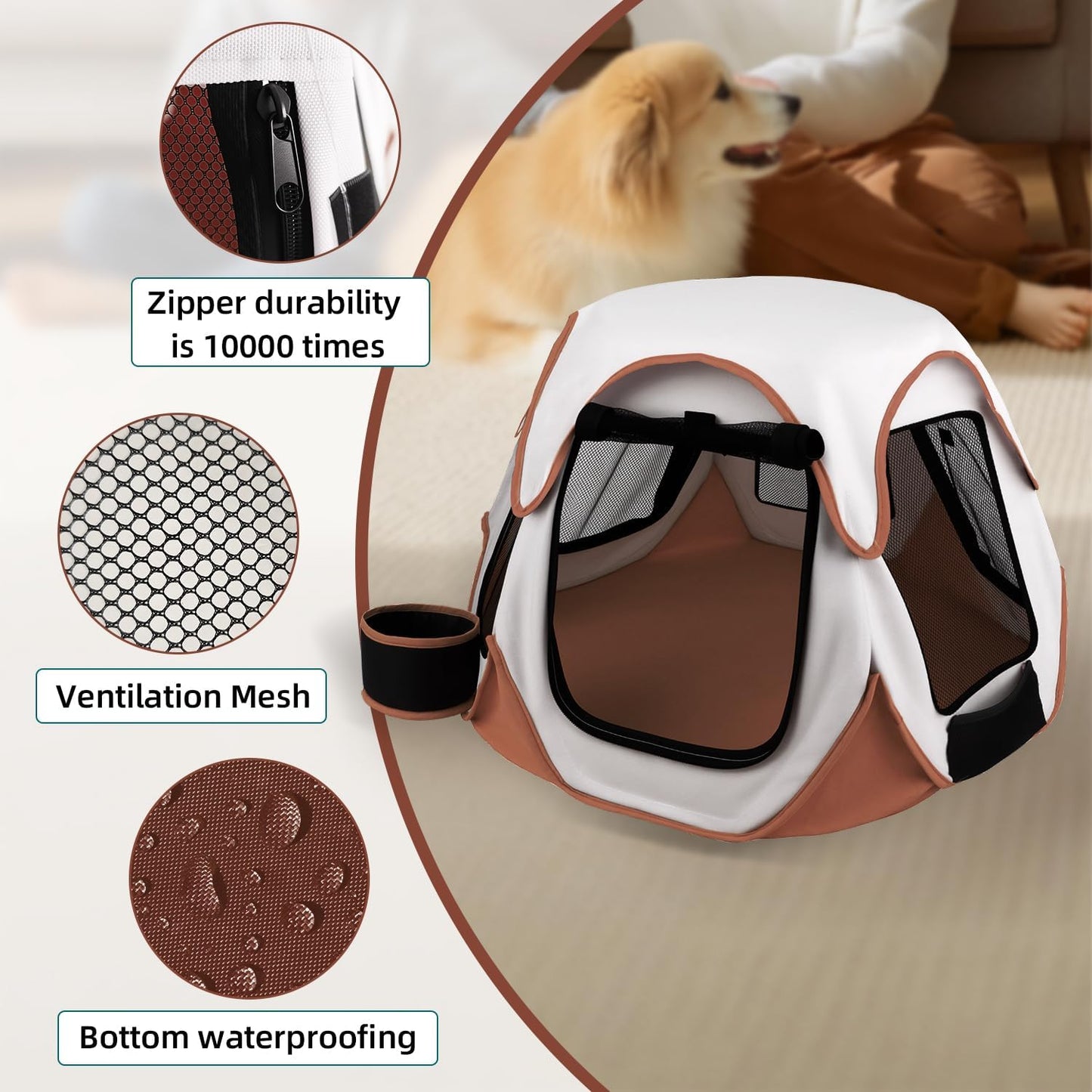 Foldable Portable Pet Playpen with Feeding Bowls, Indoor Outdoor Pet Tent for Dogs Cats Rabbits Chickens, Travel Camping Pet Enclosure(Brown)