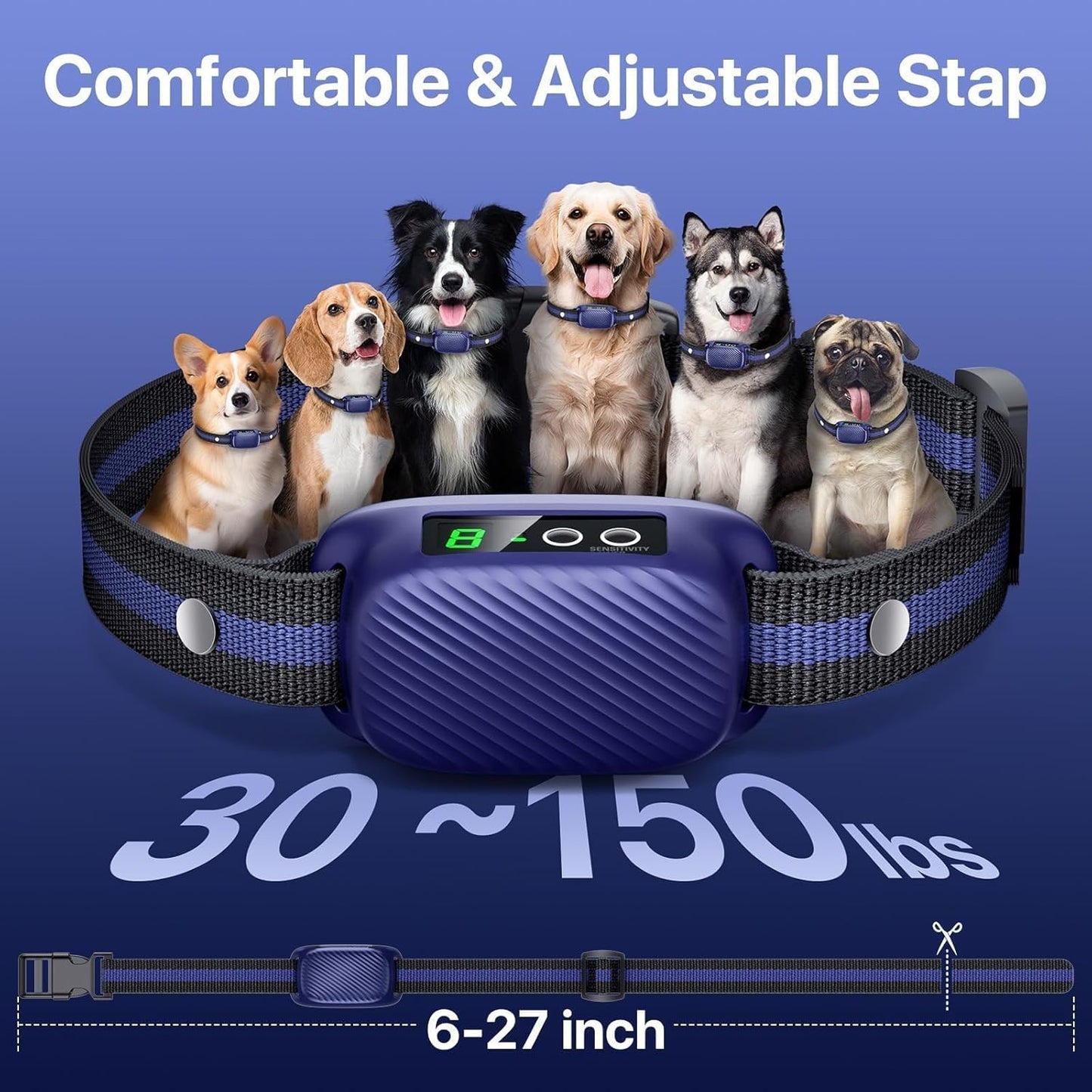 Dog Bark Collar for Large Medium Dogs,Automatic Barking Collar with 3 Training Mode,Rechargeable Anti Bark Collar with 8 Adjustable Sensitivity (Midnight) (Midnight)