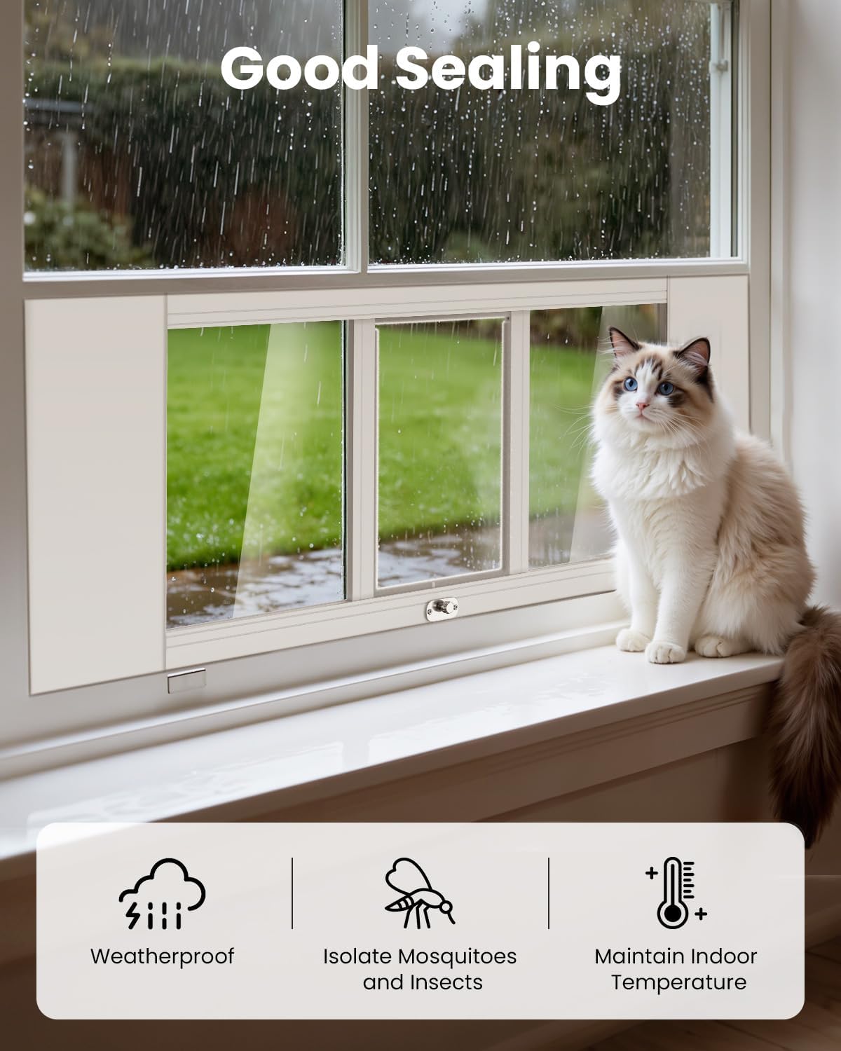 Upgraded Pet Cat Door for Window, Adjustable Width of 35"-46" Window Cat Door Insert, Quick Installation Pet Doors for Cats Small Dog with Aluminum Frame, Tight Seal, Safety & Weatherproof, HD Glass