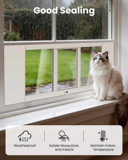 Upgraded Pet Cat Door for Window, Adjustable Width of 35"-46" Window Cat Door Insert, Quick Installation Pet Doors for Cats Small Dog with Aluminum Frame, Tight Seal, Safety & Weatherproof, HD Glass