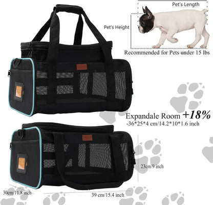 Cat Carriers Soft Small Dog Carrier Airline Approved Softsides Pets Bag,Black,Lightweight,Luxury Style,Top Expandable,Guaranteed on Cabin Board Flight Travel Recommend Under 15 lbs