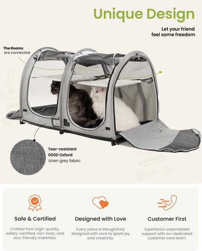 Portable Twin Compartment Show House Cat Cage Condo,Comfy Puppy Home Dog Travel Crate with Carry Bag,2 Hammocks and Mats & Collapsible Litter Box and Water Bottle