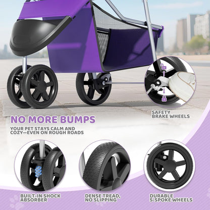 Magshion 3-Wheel Pet Stroller, Foldable Travel Jogger for Small & Medium Dogs & Cats (Up to 33lbs), Lightweight Carrier with Breathable Mesh Cover, Cup Holder & Storage Basket, Purple