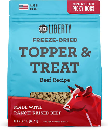 BIXBI Liberty Freeze Dried Dog Food Topper + Dog Treat, Beef Recipe, 4.5 oz - 98% Meat and Organs, No Fillers - Pantry-Friendly Raw Treat or Food Topper - USA Made in Small Batches