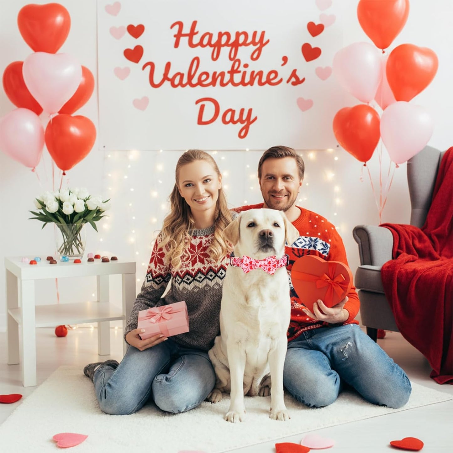 2 Pcs Valentines Dog Collar with Bow Tie Red Hearts Cute Pink Dog Collar Adjustable Safety Breakaway Buckle Soft for Small Medium Large Boy Girl Puppy Pet Dog Bows Removable Bowtie Cute