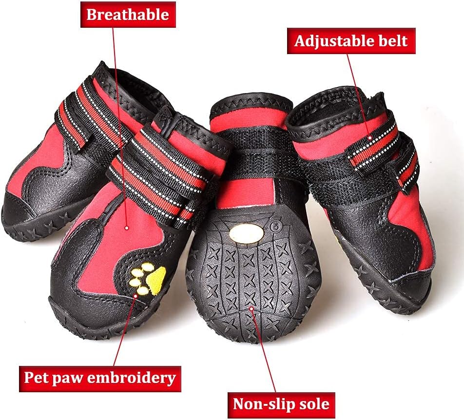 CovertSafe& Dog Boots for Dogs Non-Slip, Waterproof Dog Booties for Outdoor, Dog Shoes for Medium to Large Dogs 4Pcs with Rugged Sole Black-Red