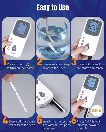 Pawfly 6 in 1 Digital Water Testing Kit, 50 Strips Fresh/Salt Aquarium Water Test Kit, Fish Tank Water Testing Kit, Digital Water Tester for pH, Nitrate, Nitrite, Chlorine, Total Hardness & Carbonate