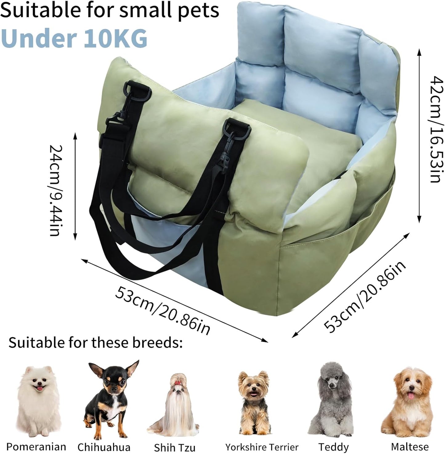 Dog Car Seat for Small Dogs: Doggy Seats Bed for Car Waterproof with Safety Leash - Pet Carseat Doggie Carriers with Storage Pockets, Hair Proof, Light Green