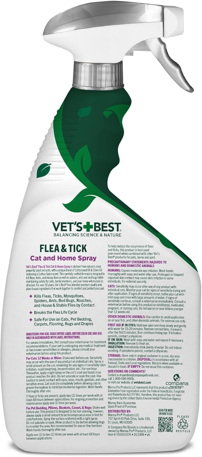 Vet’s Best Flea & Tick Home Spray for Cats – Plant-Based Flea and Tick Treatment with Cotton Spice Scent – Gentle Flea Mist for Indoor Use – Made in USA Natural Cat Flea Control – 32 oz