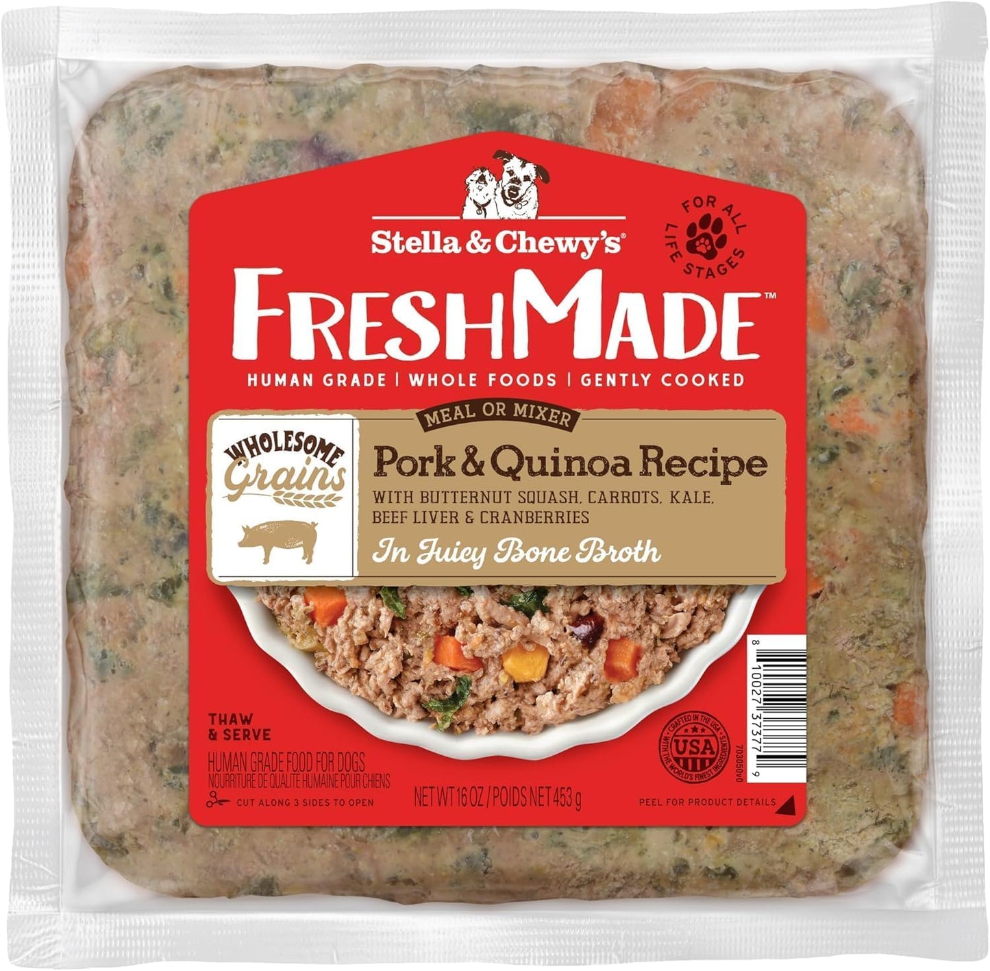 Stella & Chewy's FreshMade Frozen Fresh High Protein Pork & Quinoa Dog Food, 16-oz Pouch (Pack of 4)