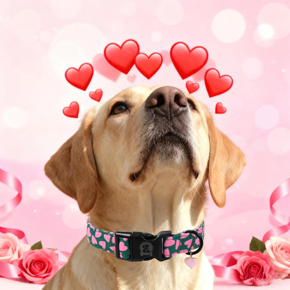 Valentines' Green Dog Collar, Cute Pink Heart Puppy Collar, Adjustable Female or Male Cotton Pet Collar, Quick Release Buckle for Small Medium Large Dog