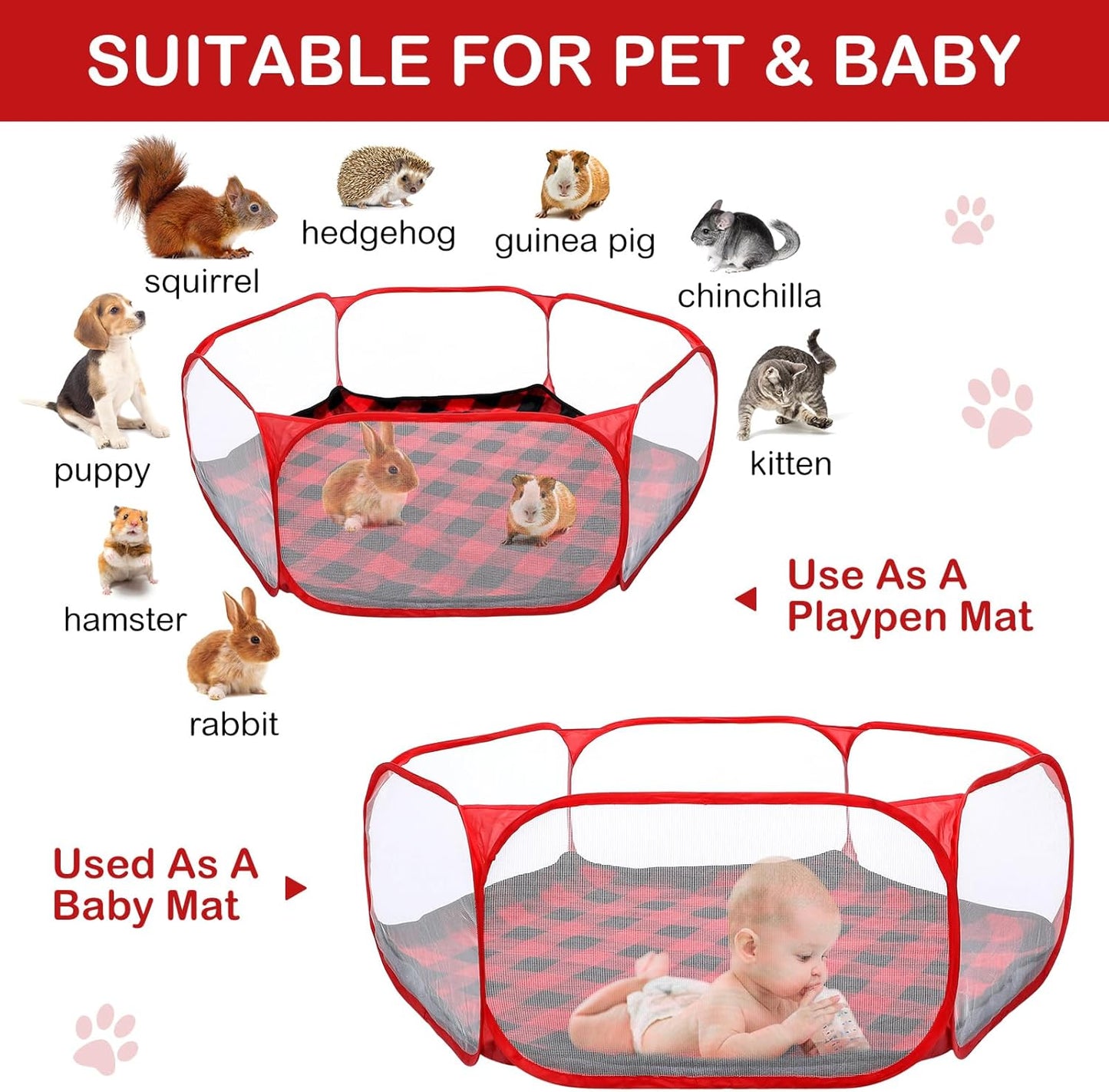 VitalCozy Hamster Playpen with Mat Small Animal Cage Tent Breathable Transparent Guinea Pig Playpen Waterproof Portable Yard Fence Mat Foldable Exercise Cage Outdoor Indoor (Red,Christmas Plaid)