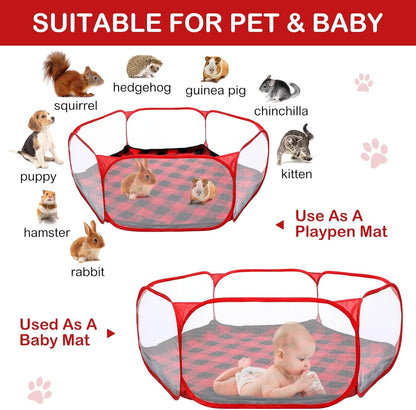 VitalCozy Hamster Playpen with Mat Small Animal Cage Tent Breathable Transparent Guinea Pig Playpen Waterproof Portable Yard Fence Mat Foldable Exercise Cage Outdoor Indoor (Red,Christmas Plaid)