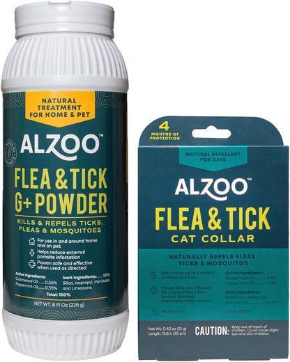ALZOO Flea & Tick Cat Collar and Flea & Tick G+ Powder, 100% Plant-Based Active Ingredients