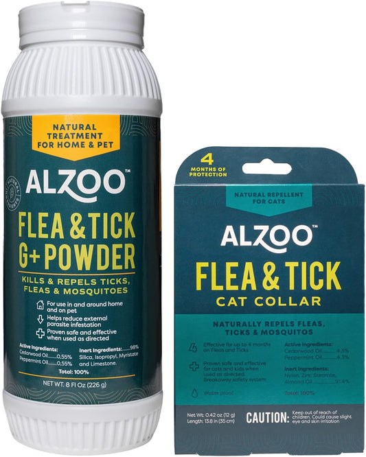 ALZOO Flea & Tick Cat Collar and Flea & Tick G+ Powder, 100% Plant-Based Active Ingredients