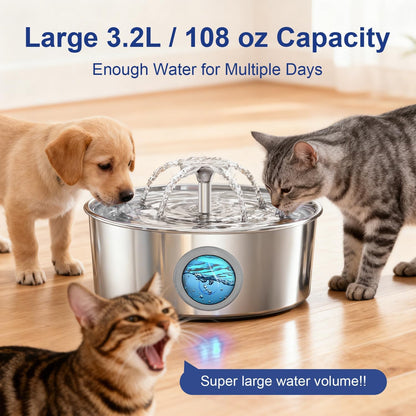 LucidShine 108oz/3.2L Stainless Steel Cat Water Fountain with 4 Replacement Filters, Ultra Quiet Automatic Pet Water Dispenser, Dishwasher Safe Metal Bowl for Cats & Dogs