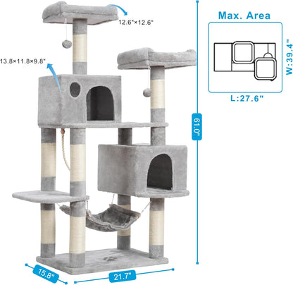 Hey-brother Large Multi-Level Cat Tree Condo Furniture with Sisal-Covered Scratching Posts, 2 Bigger Plush Condos, Perch Hammock for Kittens, Cats and Pets Light Gray MPJ020W