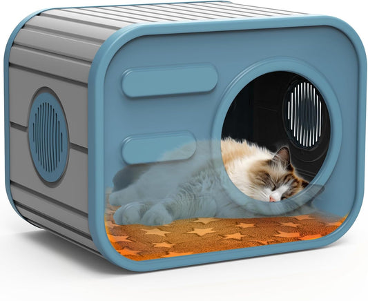 Outdoor Cat House, Outside Cat Shelter with Bed Mat for Feral Cat, Plastic Pet House for Indoor and Outdoor Use, Weatherproof, Blue