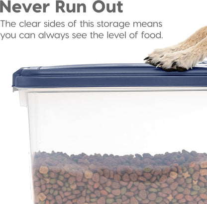 IRIS USA 2-Piece 41 Lbs / 45 Qt WeatherPro Airtight Pet Food Storage Container Combo and Treat Box for Dog Cat and Bird Food, Stackable, Keep Fresh, Translucent Body, Easy Mobility, Navy