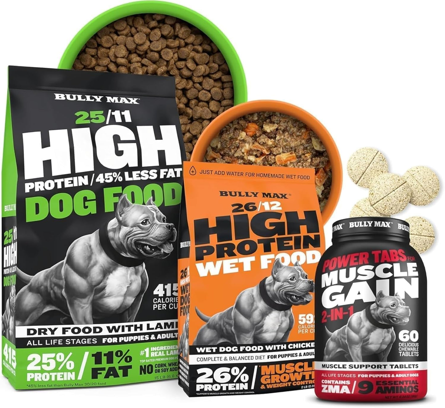 Bully Max 25/11 High Protein 45% Low Fat Dry & 26/12 Wet Dog Food (2 lbs.) + Muscle Builder Power Tabs 60 ct - Lean Muscle, Healthy Weight Management, Dog Vitamins & Complete Nutrition for All Breeds