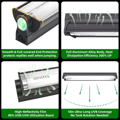 T8 UVB Reptile Light Fixture HO UVB Bulb Lighting Combo Kit with 18 Inch 15 Watt UVB 10.0 Fluorescent Bulb,Reptile Strip Light UVA UVB Desert Lamp Pet Habitat Light for Reptiles Amphibian-T8 15W G13