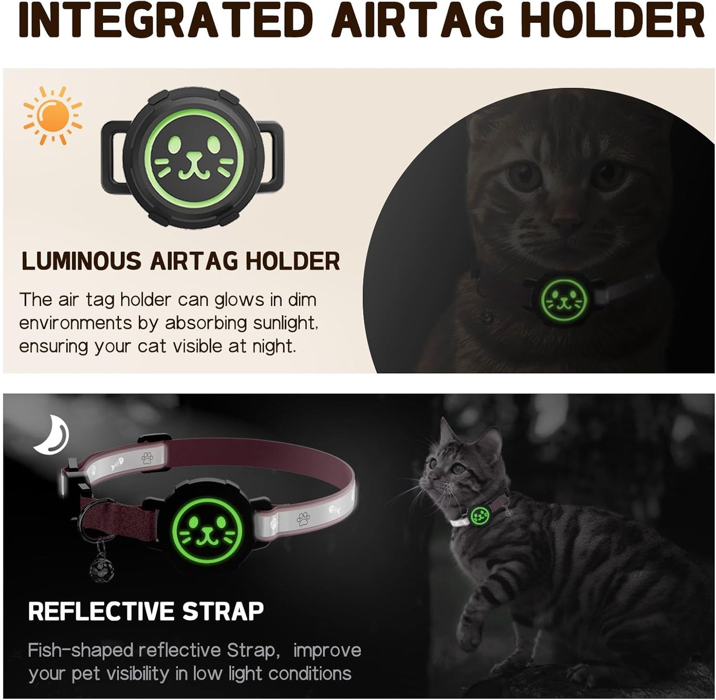 AirTag Cat Collar Non Breakaway, Reflective GPS Cat Collar Adjustable with Bell and Safety Elastic Strap for Kittens, Lightweight Cat Airtag Collar for Girl Boy Cats(Pink, L)