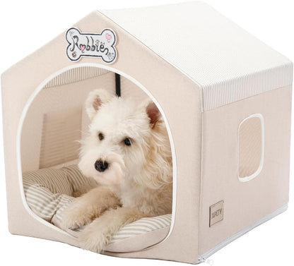 Jiupety Indoor Dog House with Frame, Cute Dog Tent Bed with Cover Cave, Breathable, Washable, and Foldable House, Suitable for 10-20 Lb Puppy and Cats, Medium (17"×17"×17"), Beige