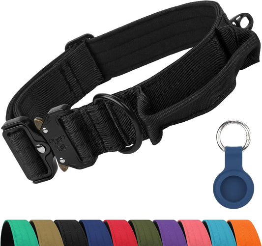 Joytale Heavy Duty Dog Collar with Handle, Adjustable Tactical Military Nylon Collar with Quick Release Metal Buckle for Large Dogs Walking Training, Soft Lining, Dual Rings, AirTag Case, L, Black