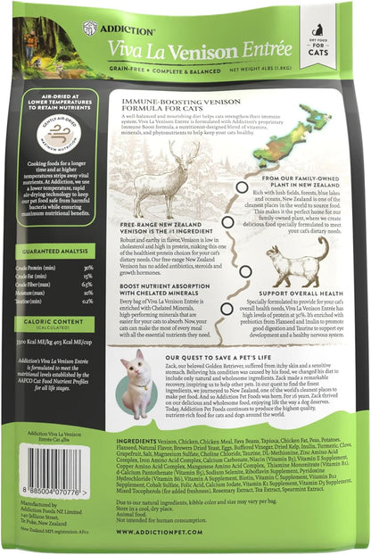Addiction Viva La Venison Grain-Free Dry Cat Food - with Premium Venison to Support Muscle Development & Maintenance - High-Protein Recipe with Chicken & Low Carb - Made in New Zealand - 4lbs (2-pk)