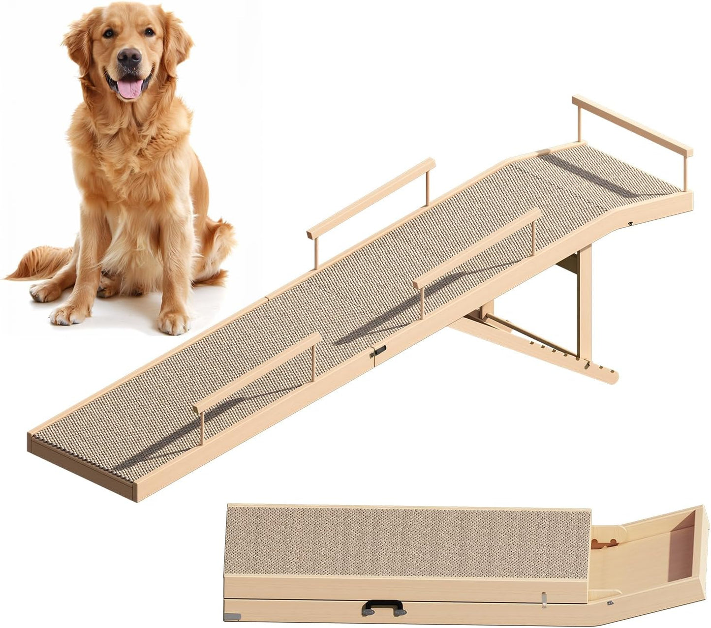 Dog Ramp for Bed, Couch & Car – Adjustable Foldable Pet Ramp, 64.17" Long, 17.72" Wide, Non-Slip Surface with Safety Rails, 8 Heights 20.08"-28.35", Supports 220 lbs, Solid Wood