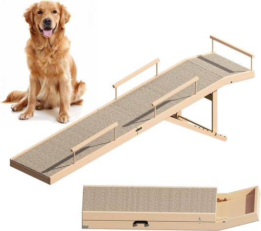 Dog Ramp for Bed, Couch & Car – Adjustable Foldable Pet Ramp, 64.17" Long, 17.72" Wide, Non-Slip Surface with Safety Rails, 8 Heights 20.08"-28.35", Supports 220 lbs, Solid Wood