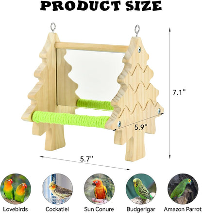 Parakeets Pine Perch Toy Wooden Swing with Acrylic Mirror for Cockatiels, Budgies, Conures, and Small Parrots Bird Cage Accessories for Chewing and Exercise (Tree)