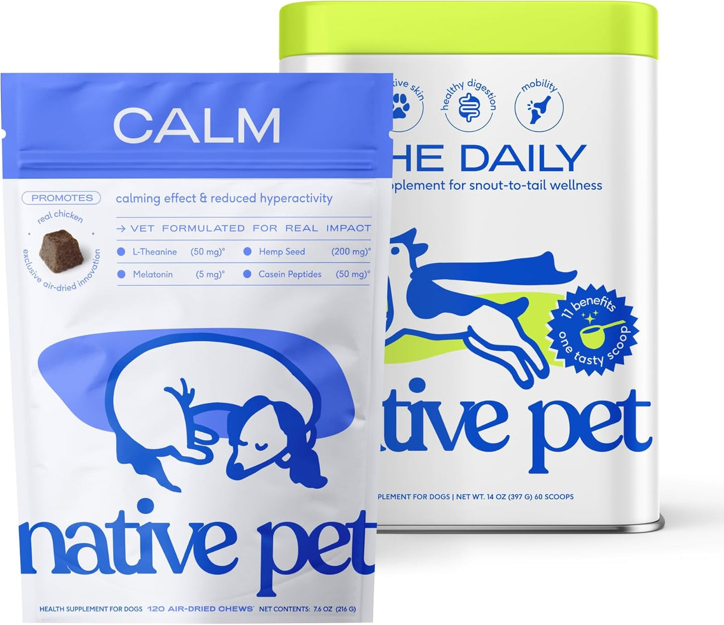 Native Pet Pup Power Bundle: Dog Calming Chews (120 Air-Dried Chews) & The Daily Dog Multivitamins (60 Scoops) - Natural Anxiety Relief with Melatonin & 11-in-1 Multivitamin