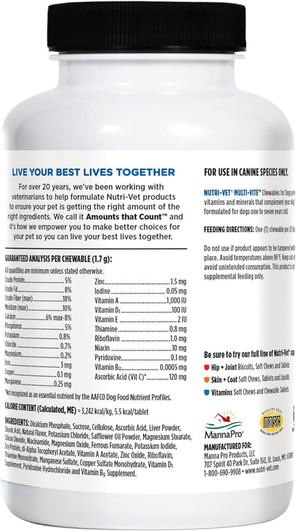 Nutri-Vet Multi-Vite Chewables for Adult Dogs, Daily Multivitamin & Mineral Supplement for Overall Health, Immune Support, and Balanced Nutrition, 180 Count