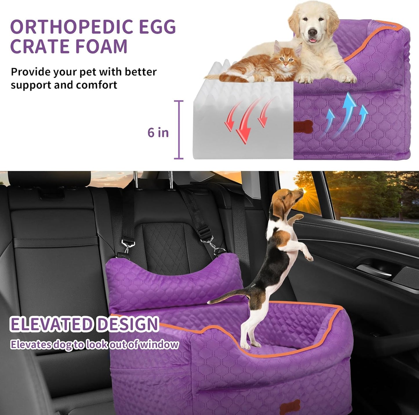 Dog Car Seat - Memory Foam Dog Booster Seat for Small Dogs Up to 25lbs-Elevated Pet Car Seat with Storage Pockets and Dog Seat Belt-Soft Pet Travel Bed for Front & Back Seats-Removable Washable-Purple