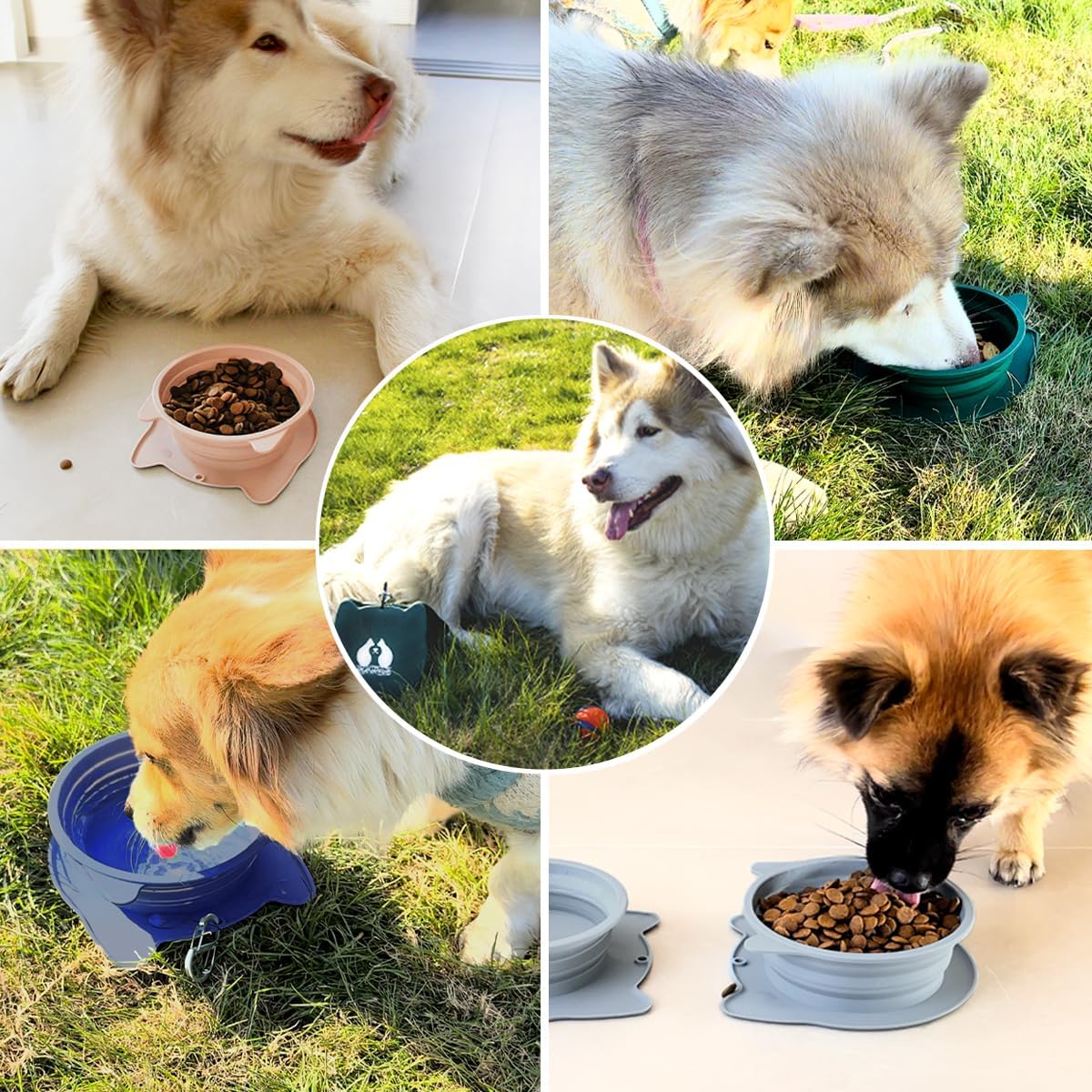 RUNROLE 2-in-1 Collapsible Silicone Dog Travel Bowls, Slot Together and Use Separately, Portable Pet Food Water Bowls, Foldable Cat Feeding Watering Dishes, 20OZ+27OZ(Blush Pink)