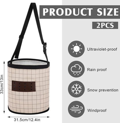 2 Pack Horse Feed Bags 13 Inch in Depth Vented Leather Canvas Horse Food Bucket with Adjustable Strap Waterproof Hay Feeding Supplies, Safety and No-Spill Flap Design