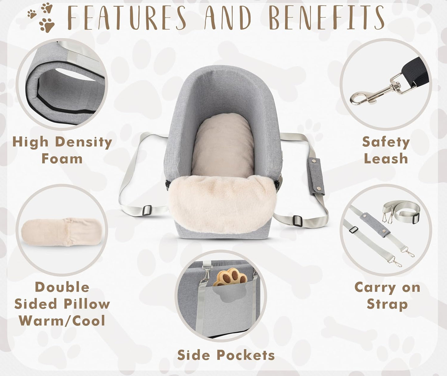 Multi-Function Small Dog Car Seat Center Console & Carrier - Sturdy Console Dogs Car Seats for Small Dogs & Cats, Pet Dog Bed for Cars Back Seat for Up to 11 lbs, 19 x 10 x 9.5 Inches, Gray