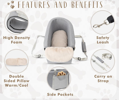 Multi-Function Small Dog Car Seat Center Console & Carrier - Sturdy Console Dogs Car Seats for Small Dogs & Cats, Pet Dog Bed for Cars Back Seat for Up to 11 lbs, 19 x 10 x 9.5 Inches, Gray