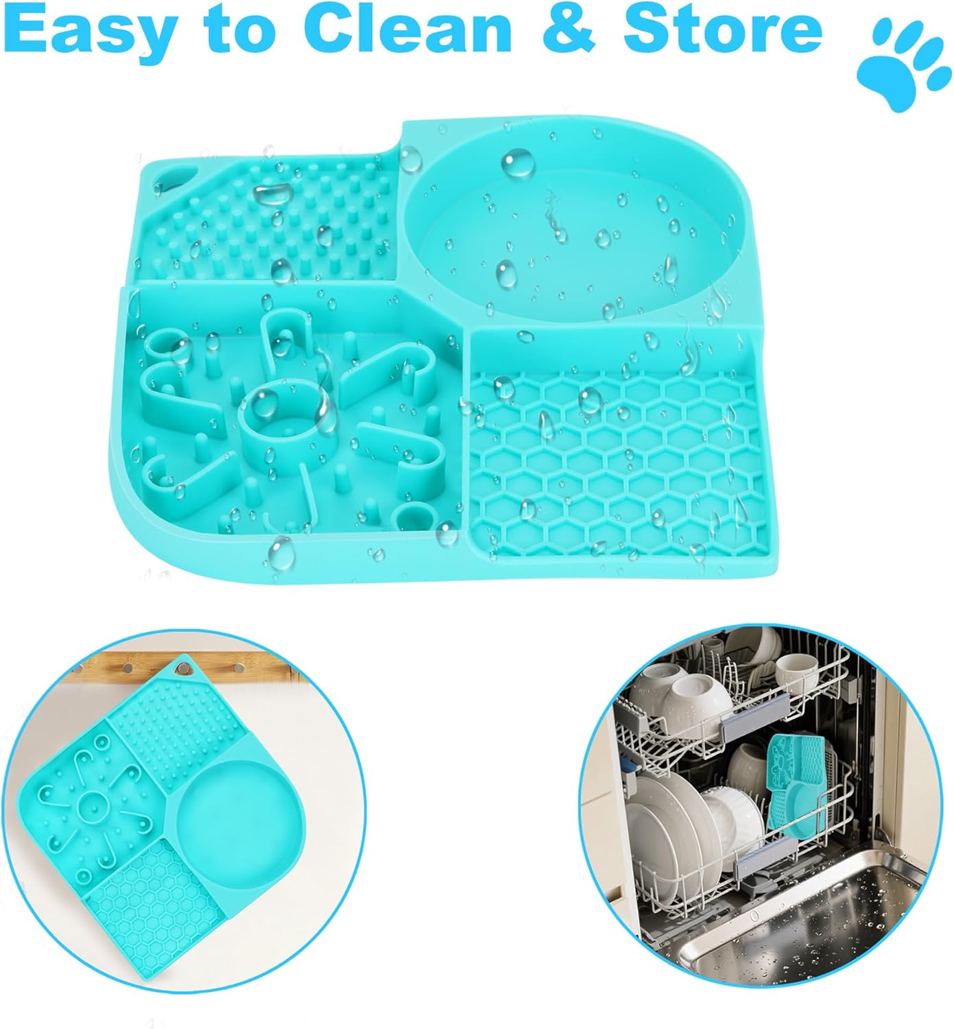 Lick Mat for Dogs, 4-in-1 Slow Feeder Bowl with Non-Slip Suction Cup, Food-Grade Silicone Lick Pads Perfect for Cat Anxiety, Fast Eating & Grooming(Aqua,8.26"x8.26")