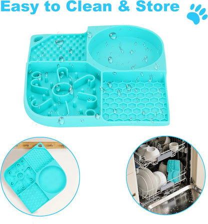 Lick Mat for Dogs, 4-in-1 Slow Feeder Bowl with Non-Slip Suction Cup, Food-Grade Silicone Lick Pads Perfect for Cat Anxiety, Fast Eating & Grooming(Aqua,8.26"x8.26")