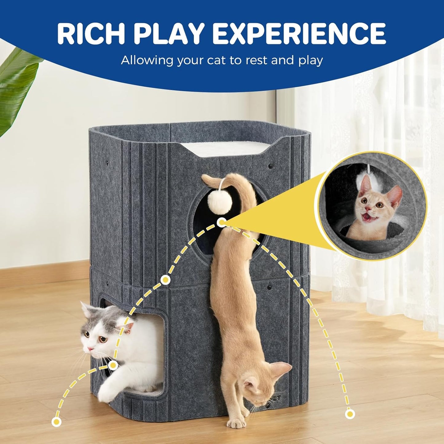 Cat House for Indoor Cats, 2-Storey Cat Bed Cave, Felt Cat Hideaway Condo with Resistant Scratching Freedom Kitten Cube for Multicats Dark Grey