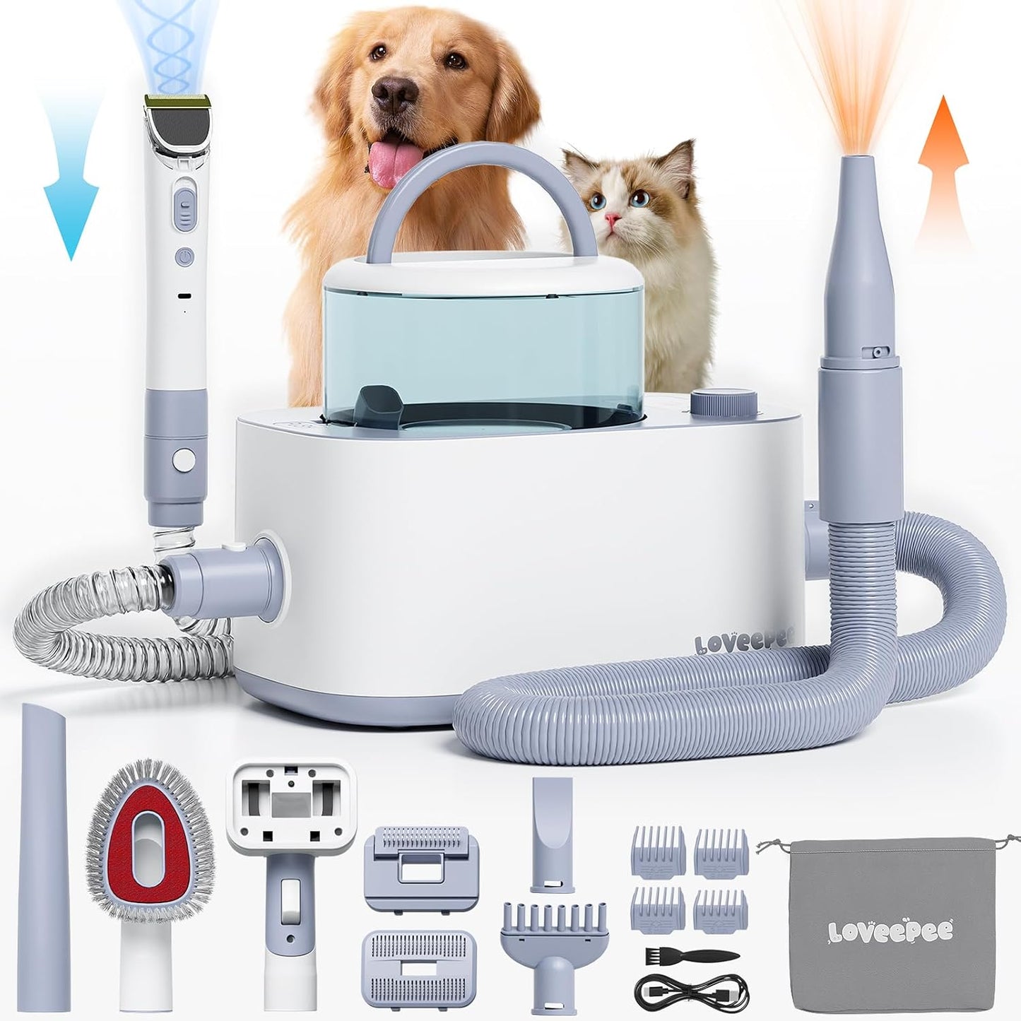 Dog Grooming Vacuum Kit, Dog Vacuum for Shedding Grooming Hair Dryer Kit, 9-in-1 Pet Brush Vacuum with Electric Pet Clippers, 21KPa Adjustable Speed & Temperature - 3L Dust Box