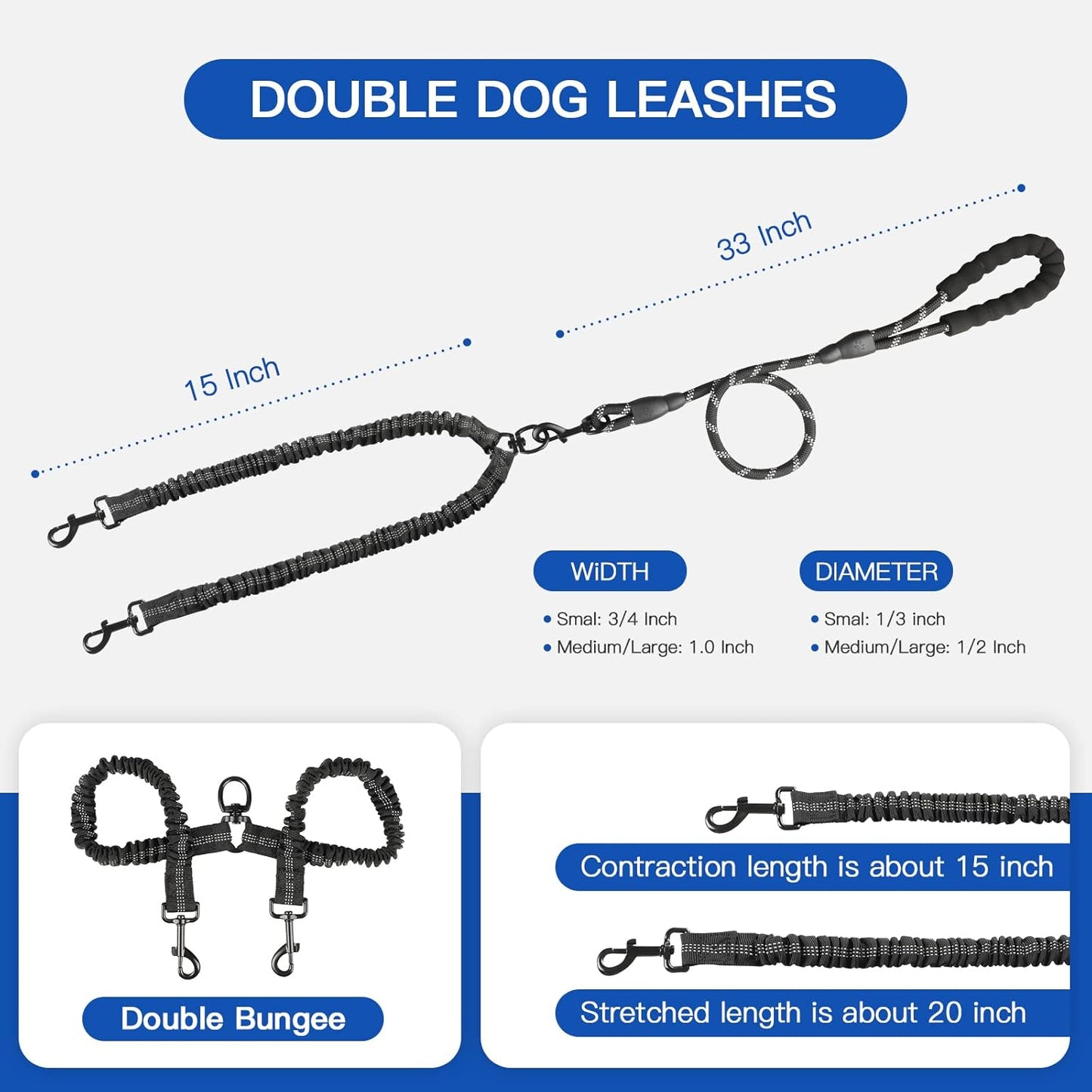 Double Dog Leash, Dual Dog Leash, 360° Swivel Tangle Free Bungee Walking Training for Large Medium Dogs, Shock Absorbing Bungee Reflective for Two Dogs, 18~120 lbs, Black